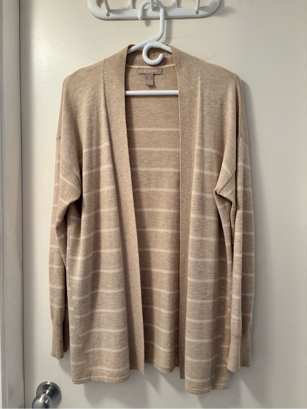 Banana Republic Tan and Cream Striped Open-Front Cardigan L